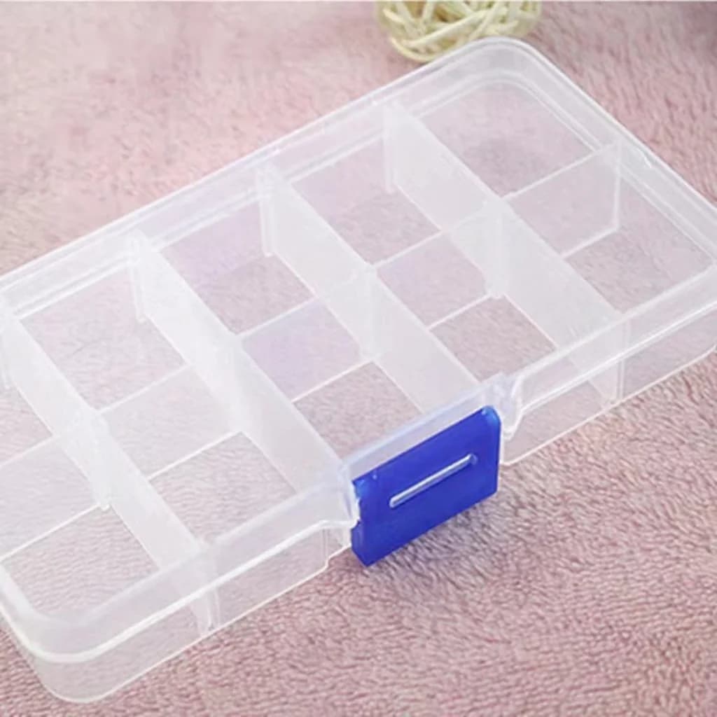 Genomskinlig plastförvaringsbox med 10 fack för nagelstenar och verktyg