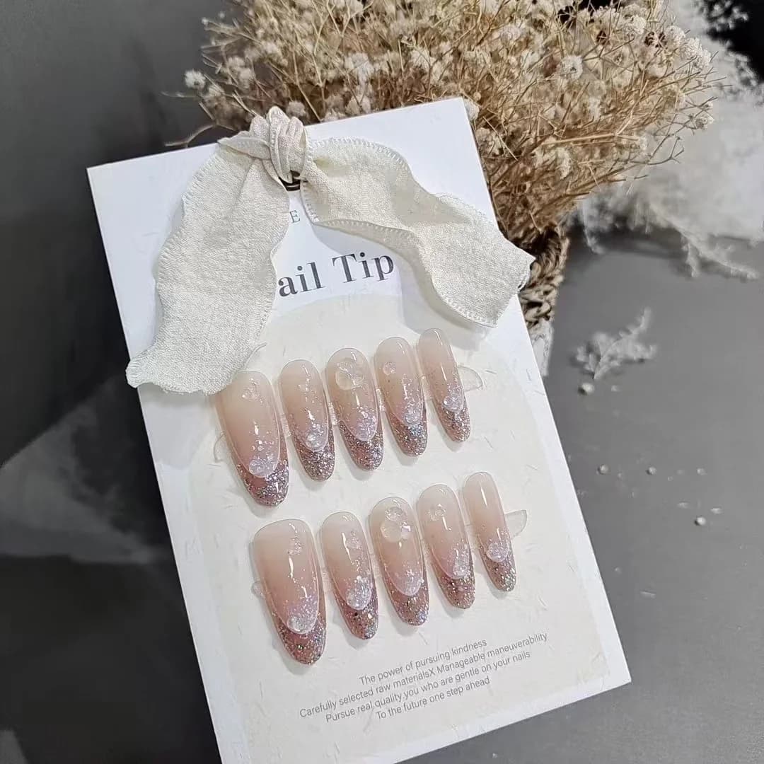 Glitter Halo Lösnaglar Lång Oval Form Återanvändbara Falska Naglar