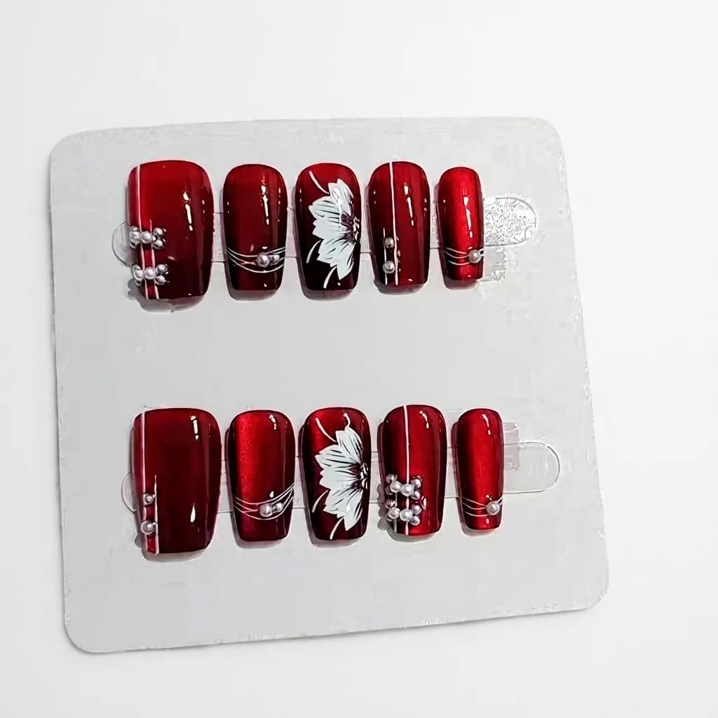 Röda Blommiga Lösnaglar Medelstor Coffin-form Glitterfinish 10 st