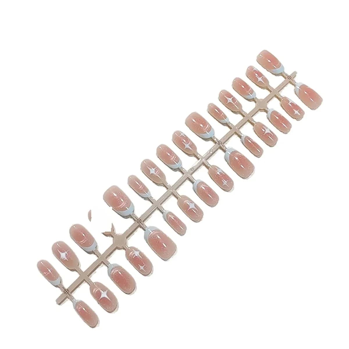 Korta ovala lösnaglar med rosa stjärnhimmelsdesign