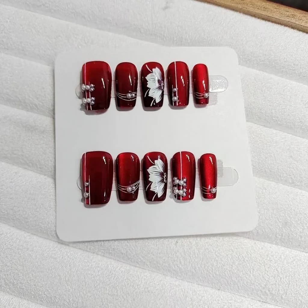 Röda Blommiga Lösnaglar Medelstor Coffin-form Glitterfinish 10 st