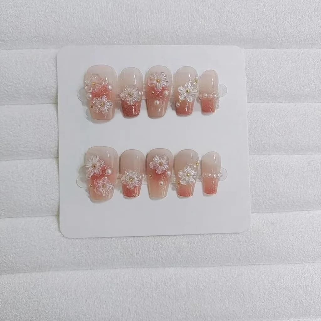 Blommiga Lösnaglar Kort Kistmodell Söt Blush-design 10 Delar