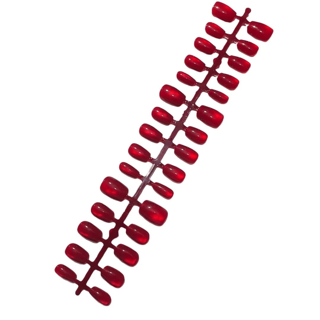 Röda Cat Eye Lösnaglar med Glaseffekt, Kort Coffin/Ballerina