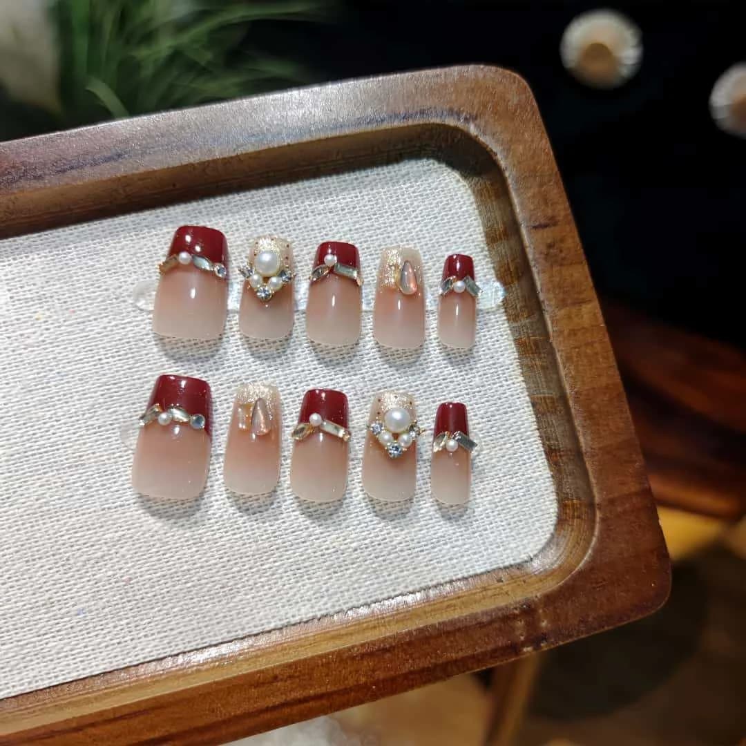 Röda Pärl Lösnaglar, Kort Coffin Fransk Topp Glitter