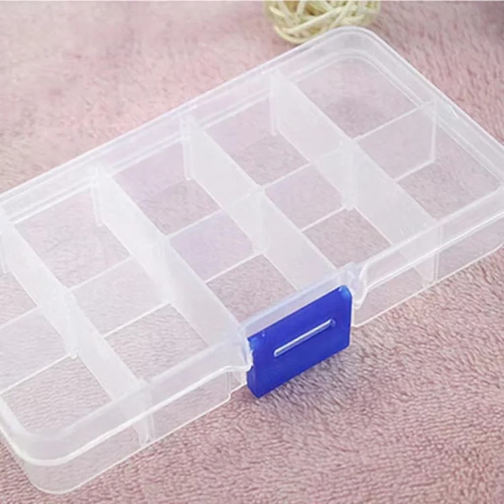 Genomskinlig plastförvaringsbox med 10 fack för nagelstenar och verktyg