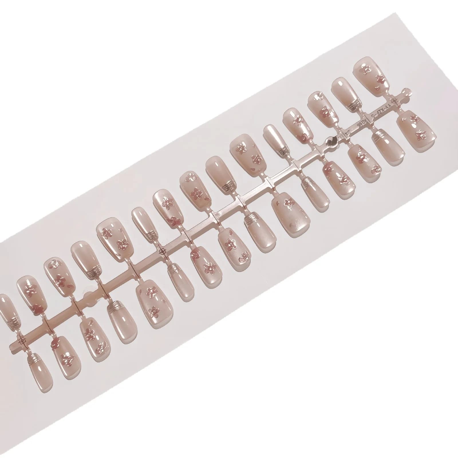 Rosa Blommiga Press-On Naglar med Fransk Topp och Cat Eye Chrome