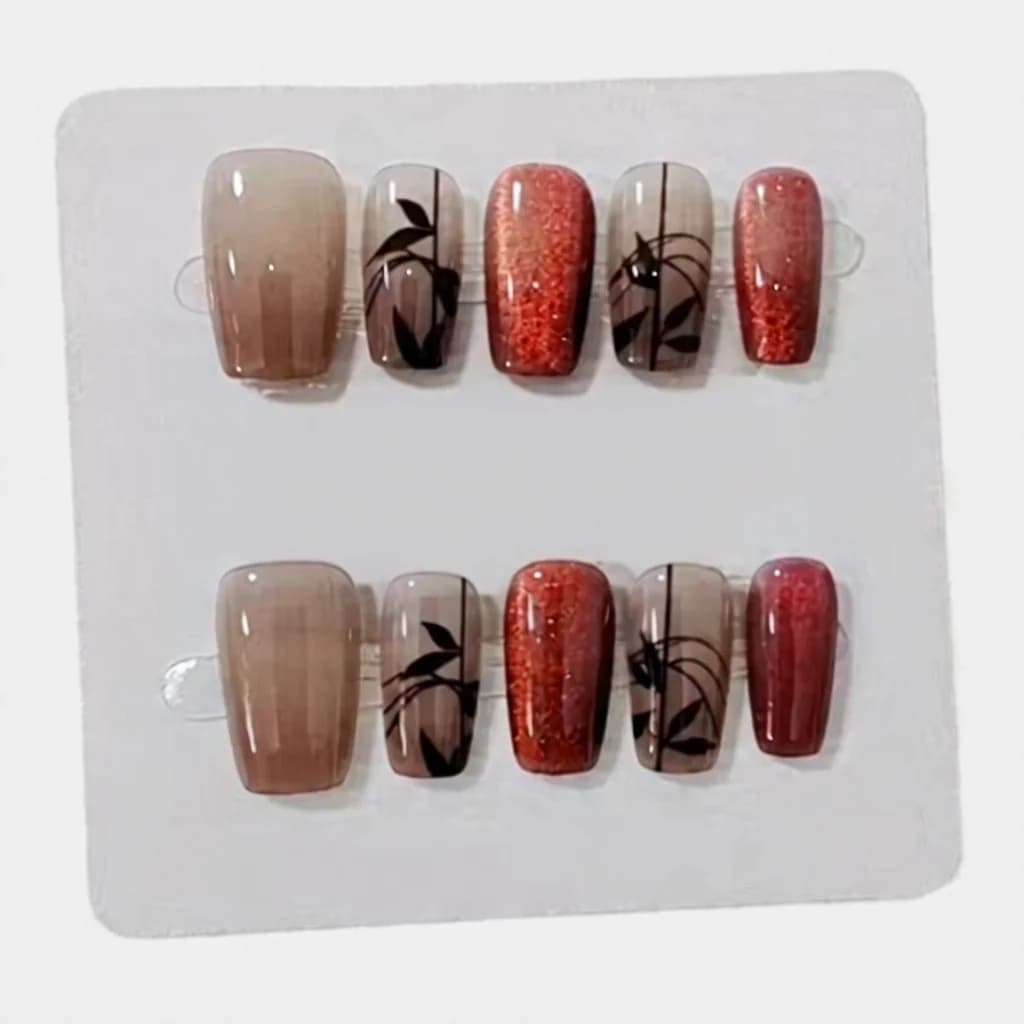 Röd Bambu Cat Eye Press-On Naglar Kort Fyrkant Glitter
