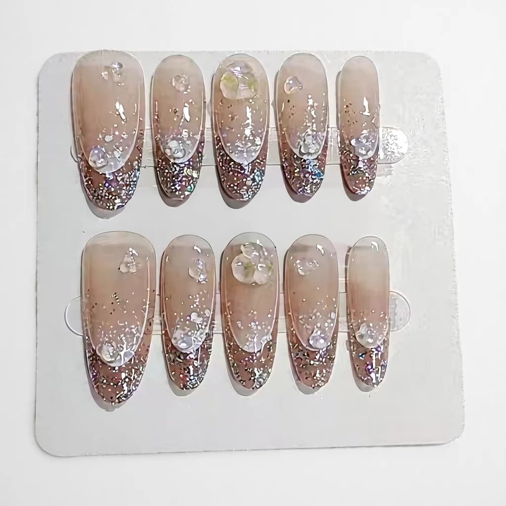 Glitter Halo Lösnaglar Lång Oval Form Återanvändbara Falska Naglar