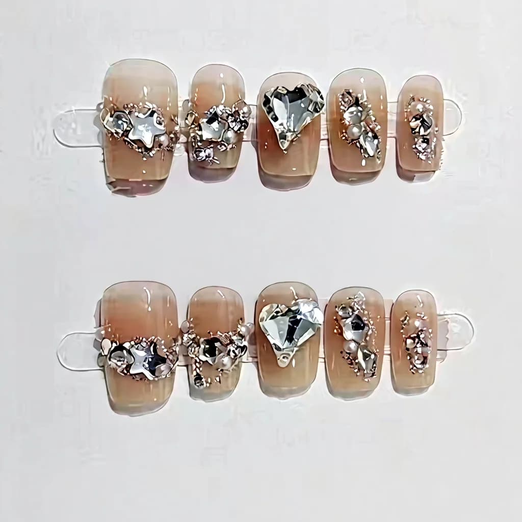Press-on-naglar med hjärtstrass, kort fyrkantig form med glitter