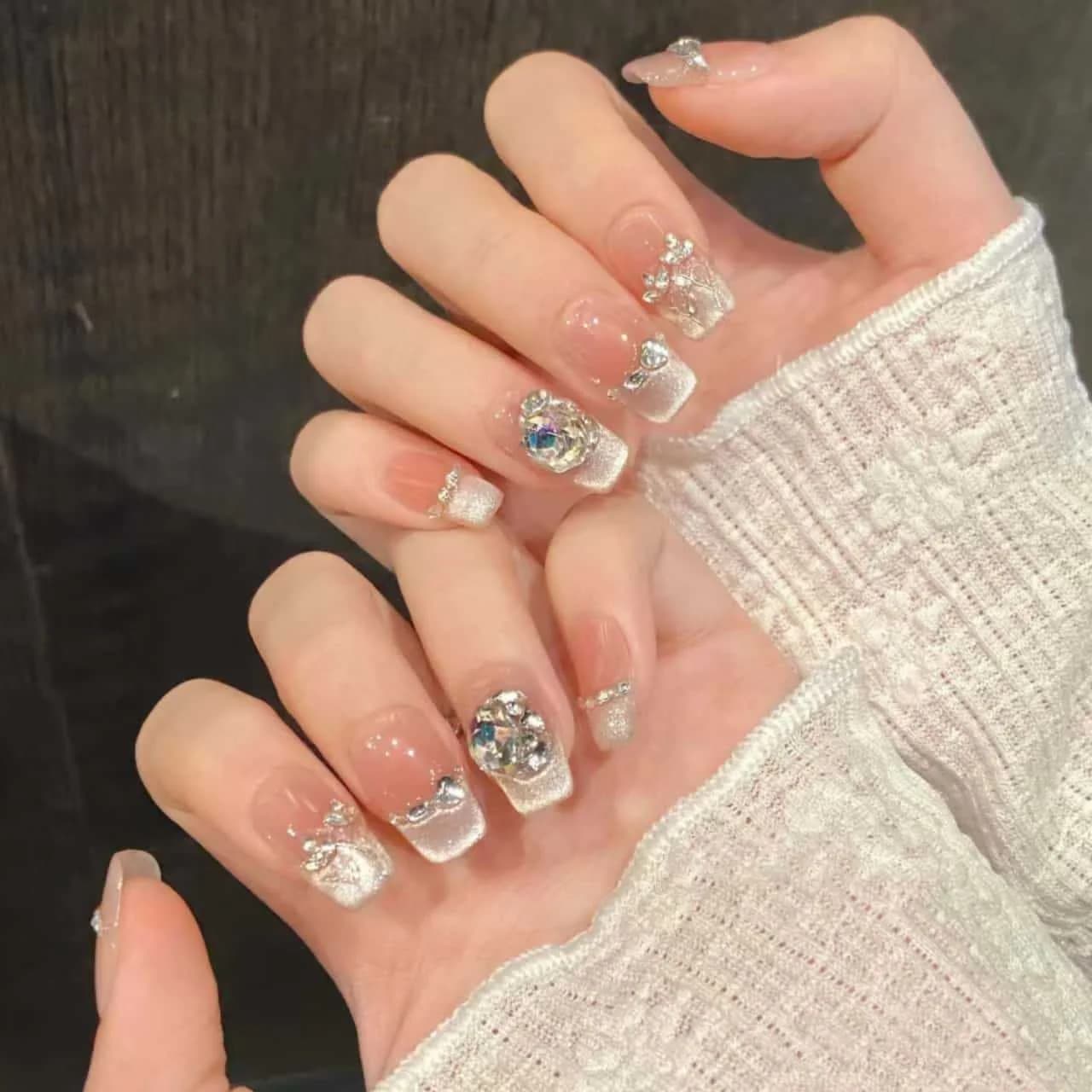 Rosblommig Glitter Lösnaglar Kort Kistform med Strass