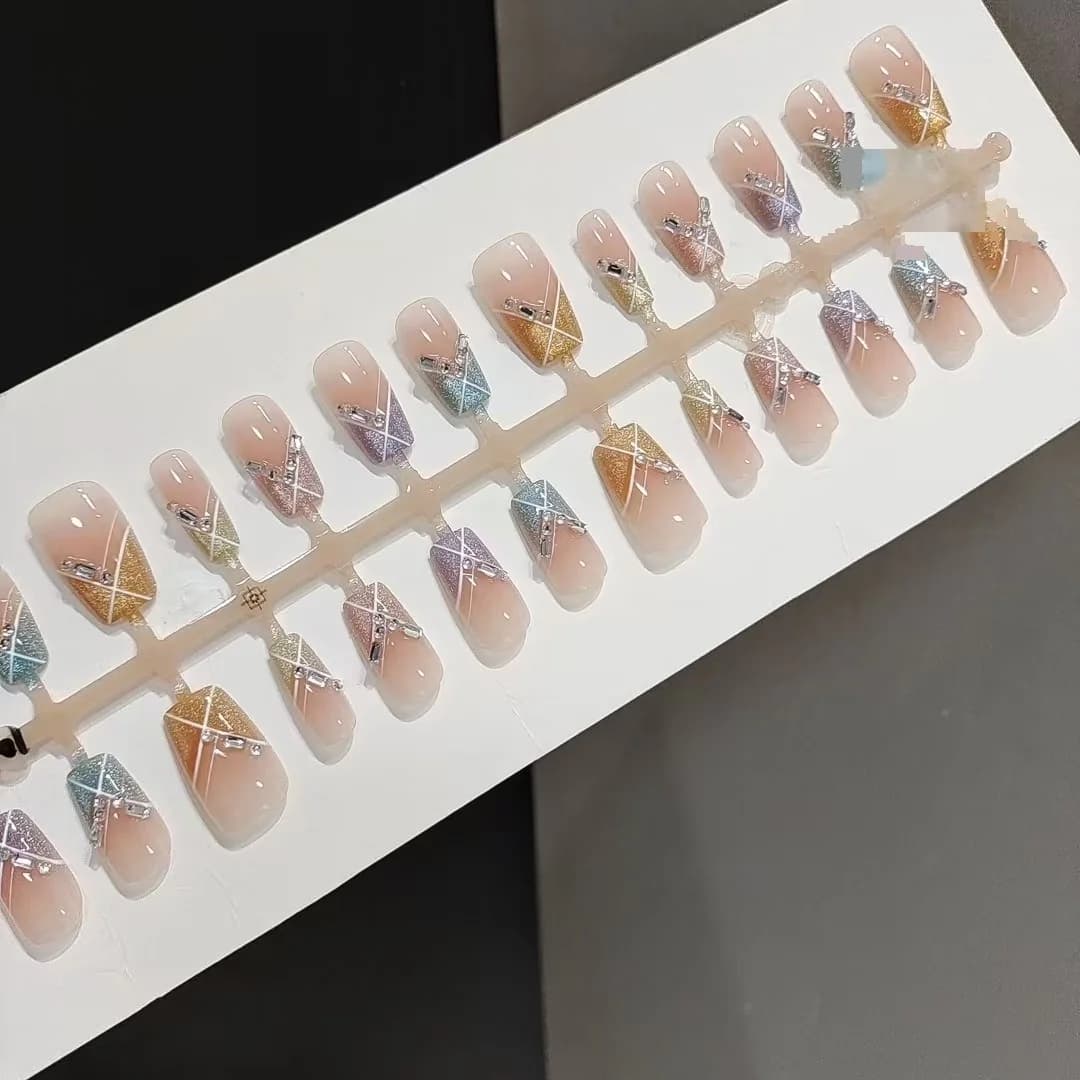 Candy Party lösnaglar kort fyrkantig regnbåge Cat Eye med stenar