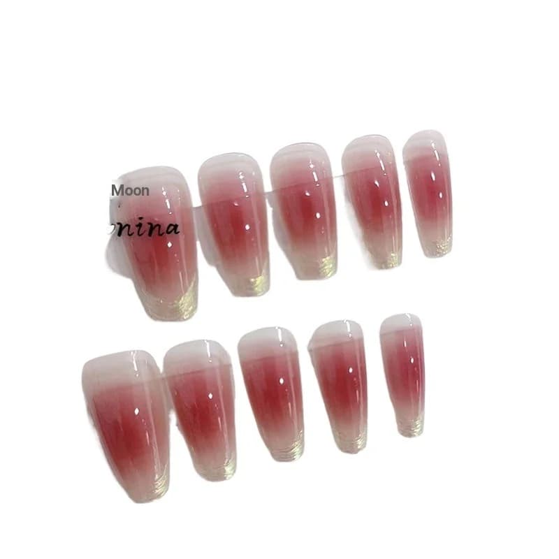 Långa coffin lösnaglar med solnedgångsrosa gradient och moonlight chrome