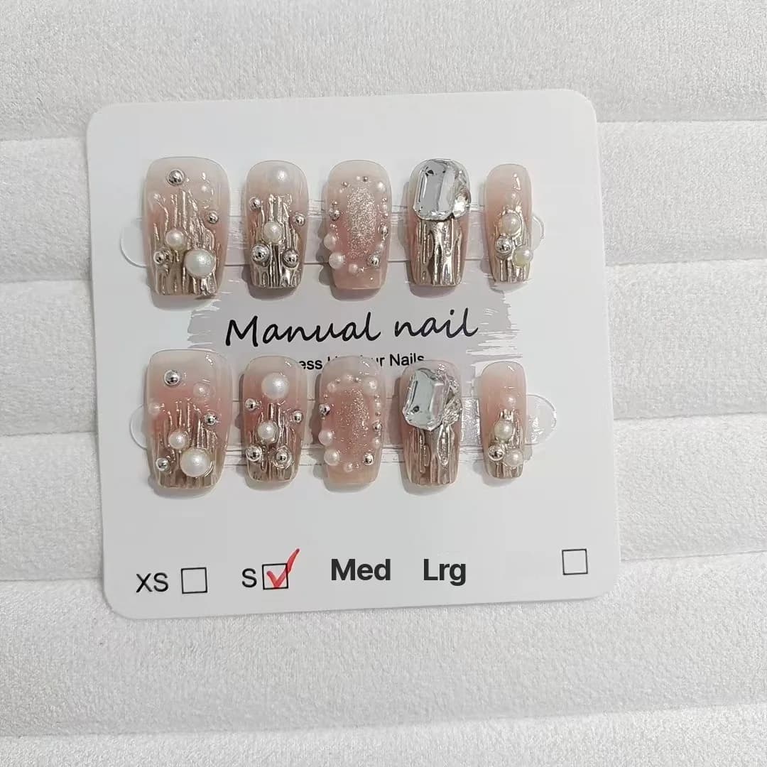 Guld strass & pärl press-on naglar, korta fyrkantiga toppar med glitter