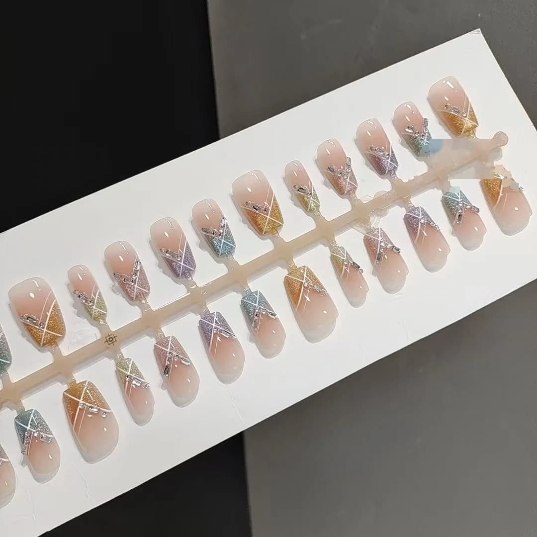 Candy Party lösnaglar kort fyrkantig regnbåge Cat Eye med stenar