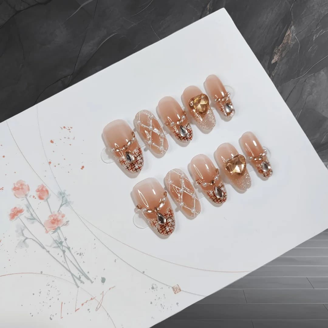Tryck-på-naglar Medium Oval Cat Eye Glitter Pärla 30 st