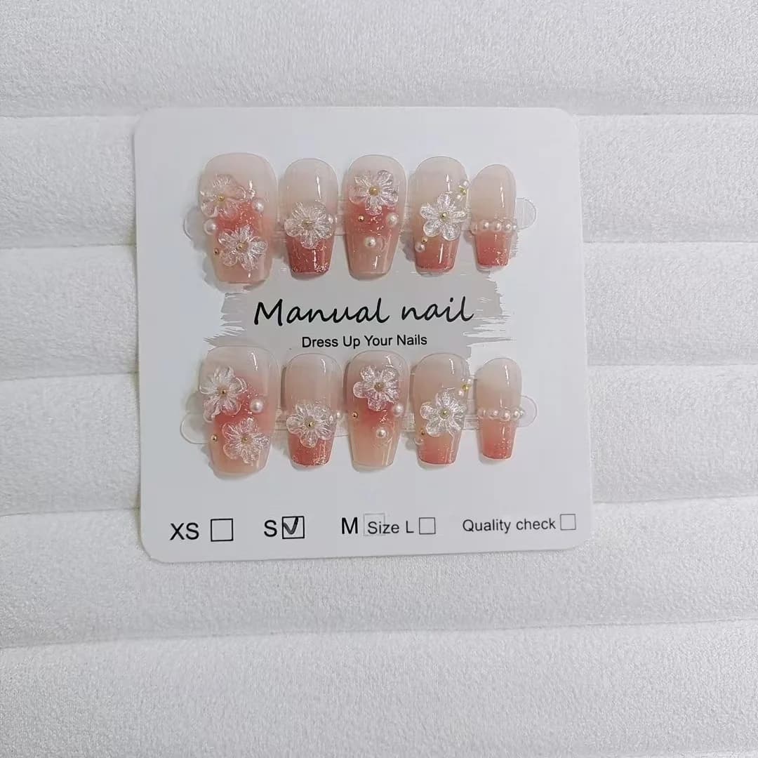Blommiga Lösnaglar Kort Kistmodell Söt Blush-design 10 Delar