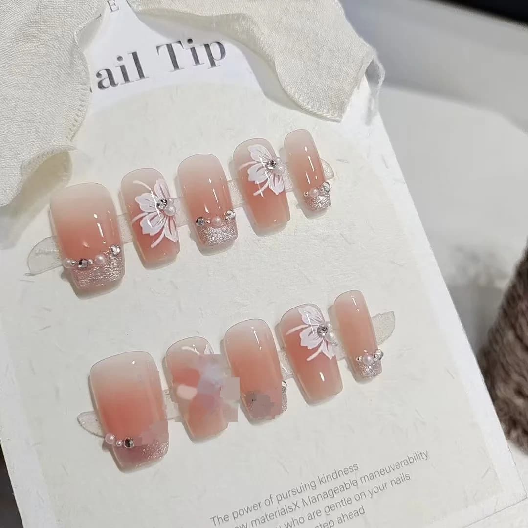 Cat Eye Lilja Tryck-på-naglar med Pärlor och Strass